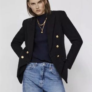 100% Authentic ZARA Black Textured Weave Tweed Jacket Size medium